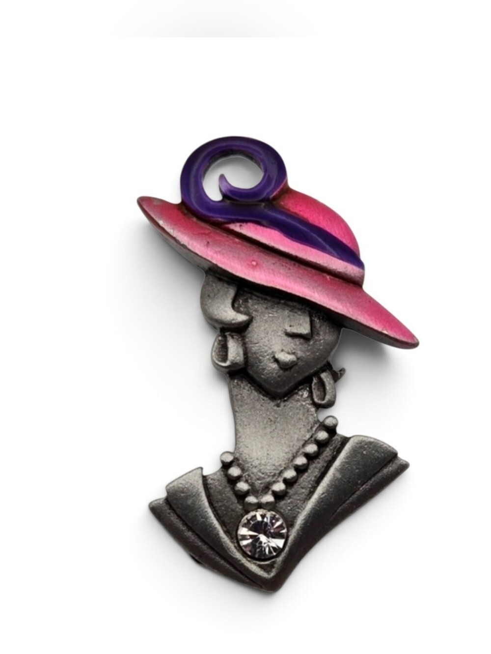 Vintage JJ Lady Pin / Brooch – Pink & Purple Hat with Rhinestone Accent